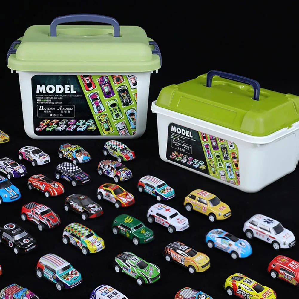 A collection of die-cast pull-back cars in various colors and models displayed alongside their storage case.