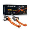A set of orange and black CNC aluminum brake and clutch levers for dirt bikes displayed next to its packaging.
