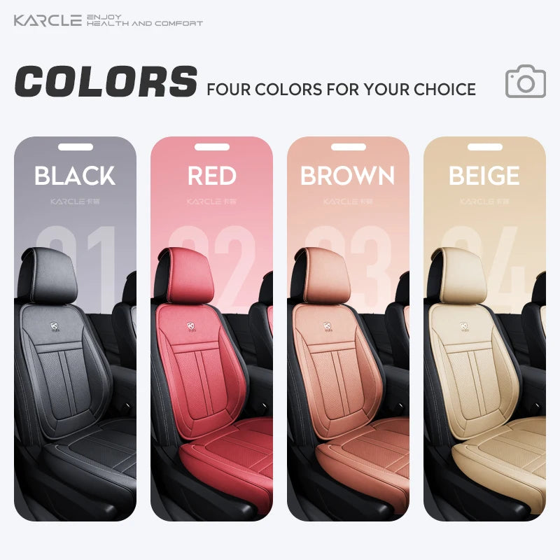 Four colors of black, red, brown, and beige car seat covers displayed on a dark background.