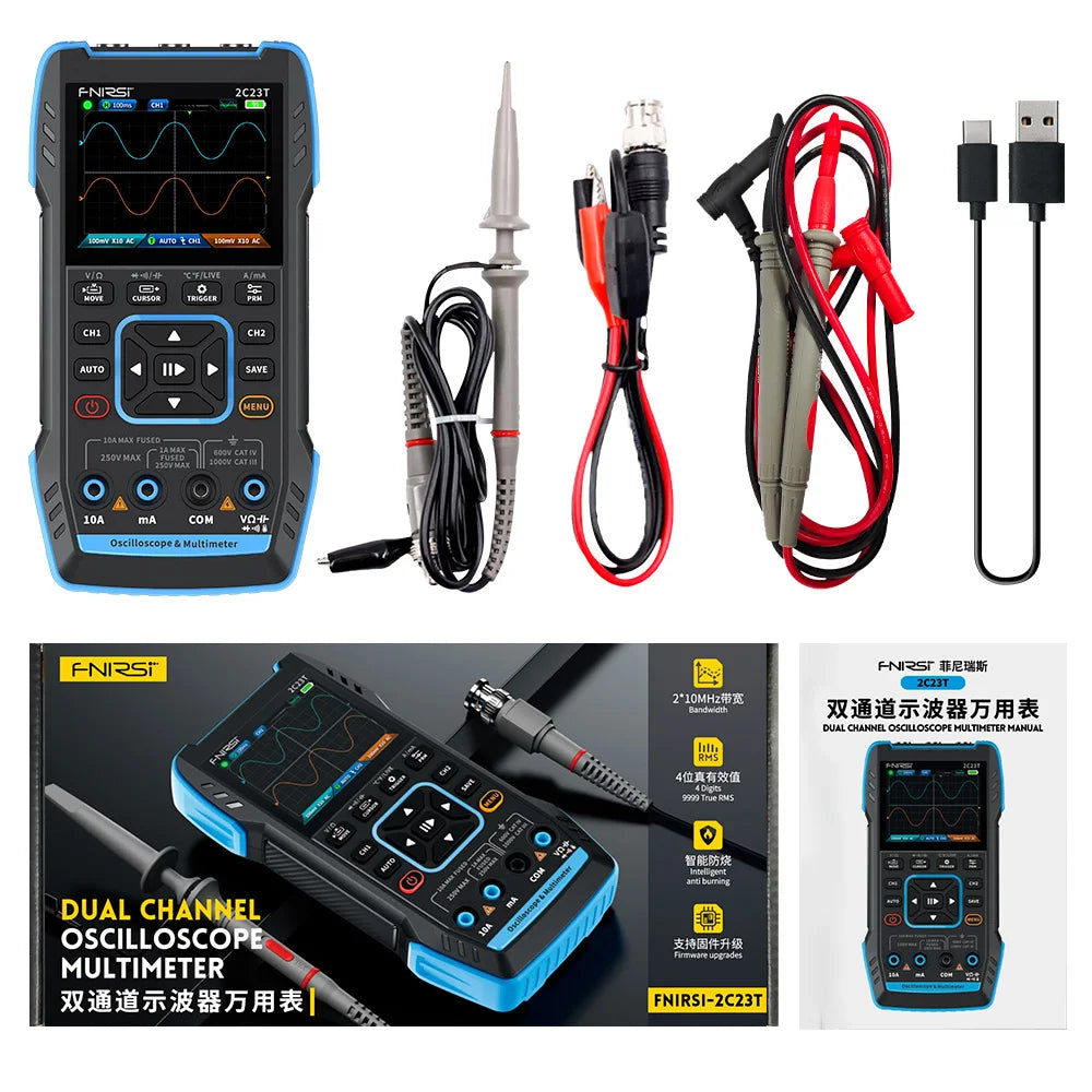 A dual channel oscilloscope multimeter with a signal generator and associated cables shown in various views.