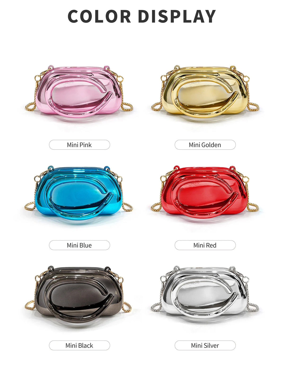 A display of six mini metal clutch bags in various colors: pink, gold, blue, red, black, and silver.