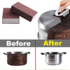 Before and after comparison showing a heavy-duty emery sponge used to clean a pot or pan.