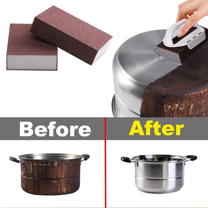 Before and after comparison showing a heavy-duty emery sponge used to clean a pot or pan.