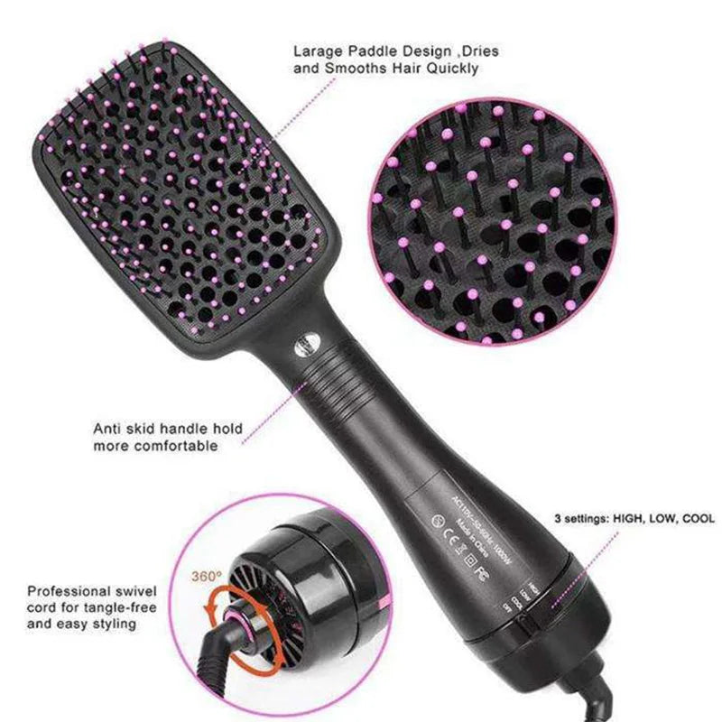 Black hot air brush dryer and styler with a swivel cord for hair styling