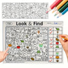 A page from a Look & Find activity book showing line drawings of various fall objects for children to find and color.