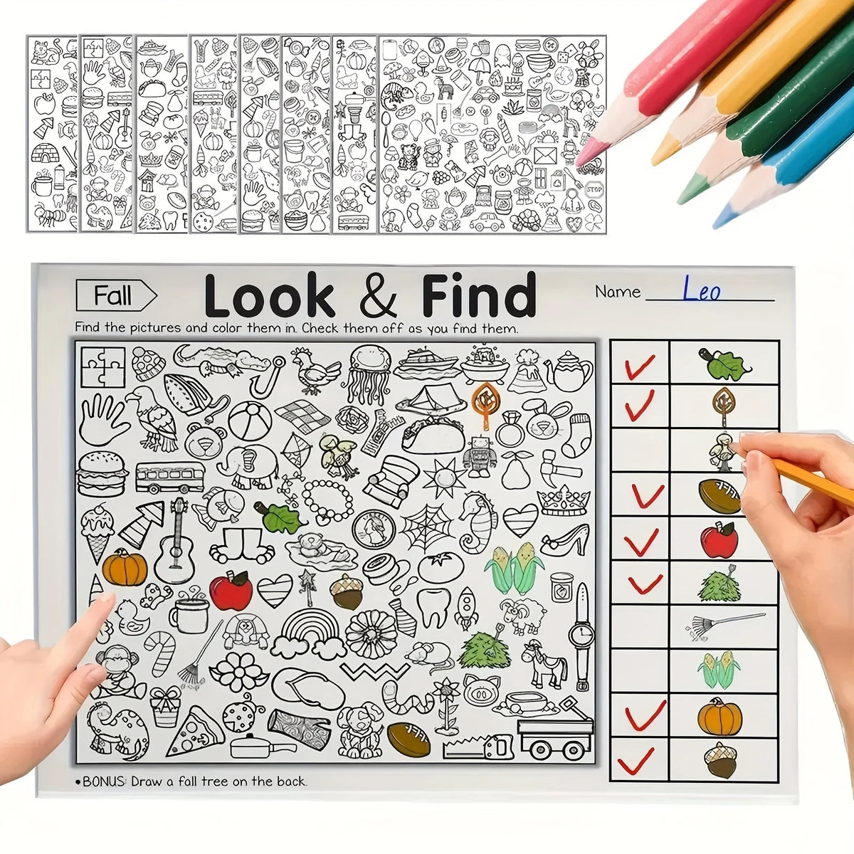 A page from a Look & Find activity book showing line drawings of various fall objects for children to find and color.