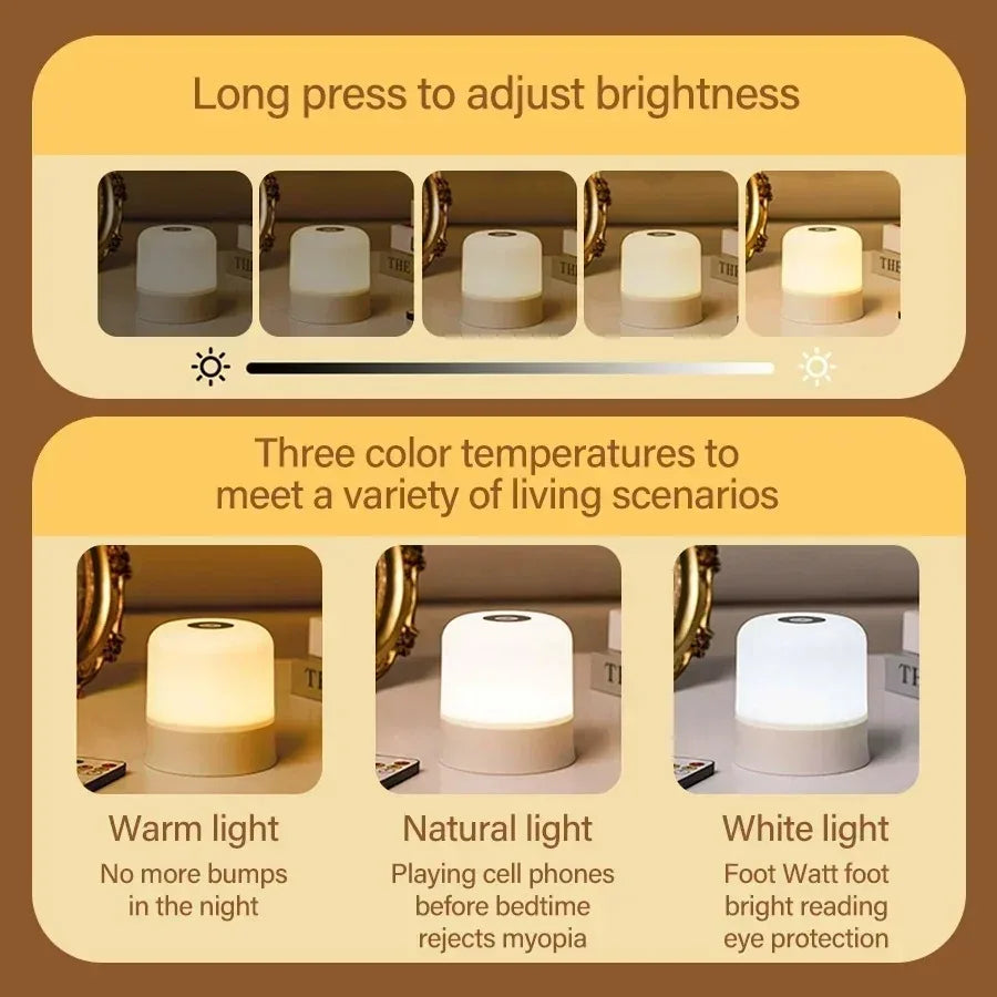A set of white rechargeable touch and remote control night lights demonstrating warm, natural, and white light options.