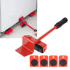 Red heavy-duty furniture moving kit with a lifting bar and roller wheels shown against a white wall.