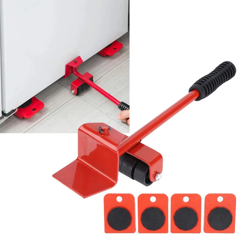 Red heavy-duty furniture moving kit with a lifting bar and roller wheels shown against a white wall.