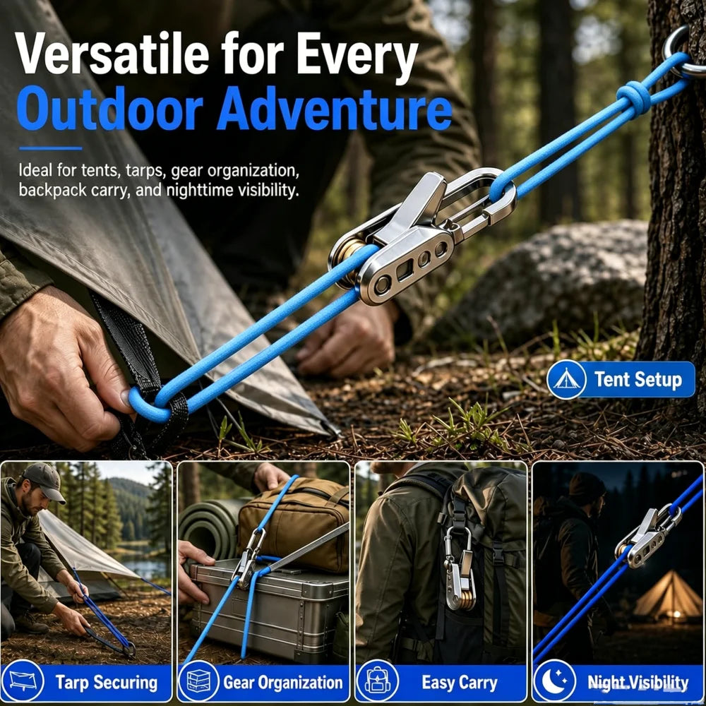 A blue retractable rope tensioner with a cam buckle is shown being used for outdoor adventure gear organization and carrying.