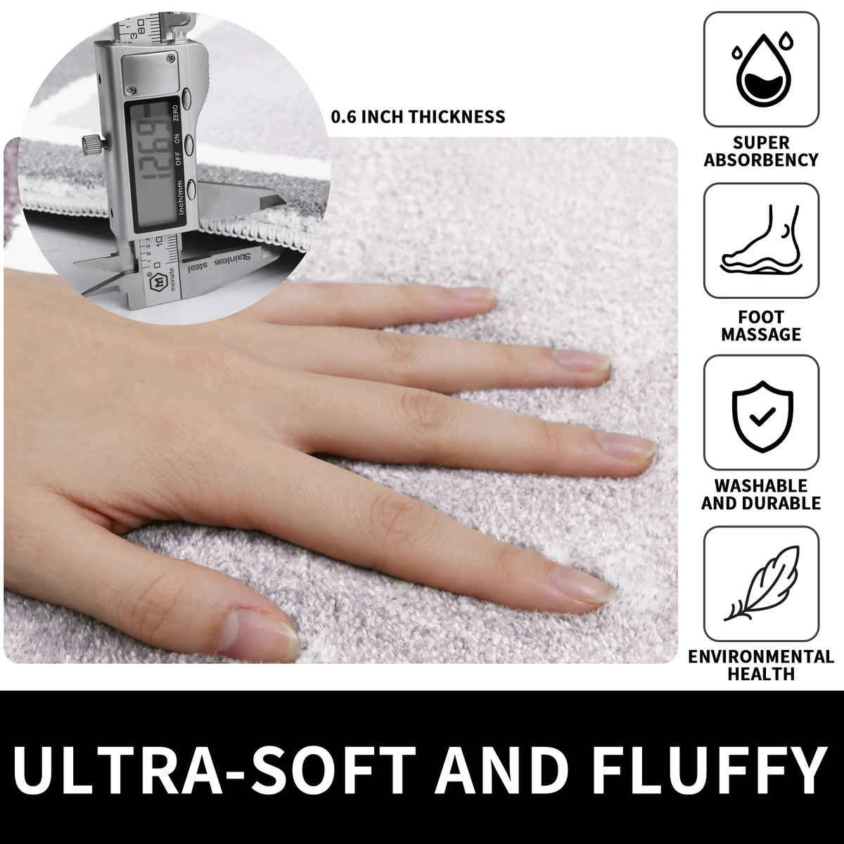 Nahaufnahme einer weichen, flauschigen Bademat, die Super-Absorbenz und Fußmassagefunktionen demonstriert.
