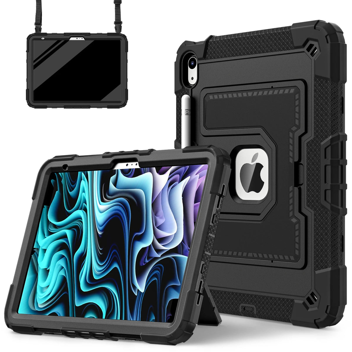 A black protective case for an iPad, shown with a separate tablet and a phone case.