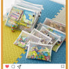 A set of eight transparent mesh zipper pouches in various sizes and colors, featuring colorful toys and accessories.