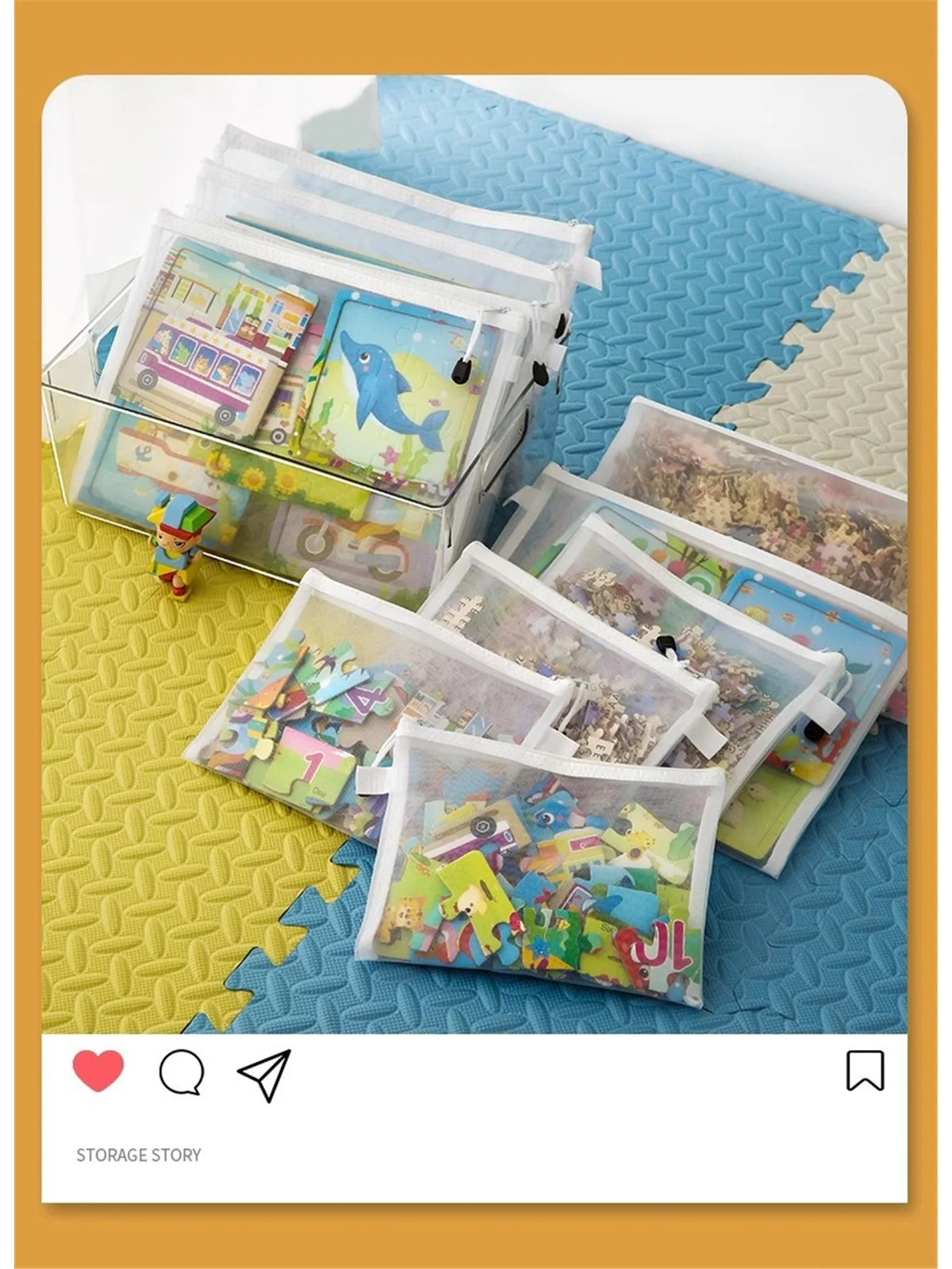 A set of eight transparent mesh zipper pouches in various sizes and colors, featuring colorful toys and accessories.