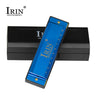 A blue harmonica is shown inside its protective case with the IRIN Instrument logo visible.