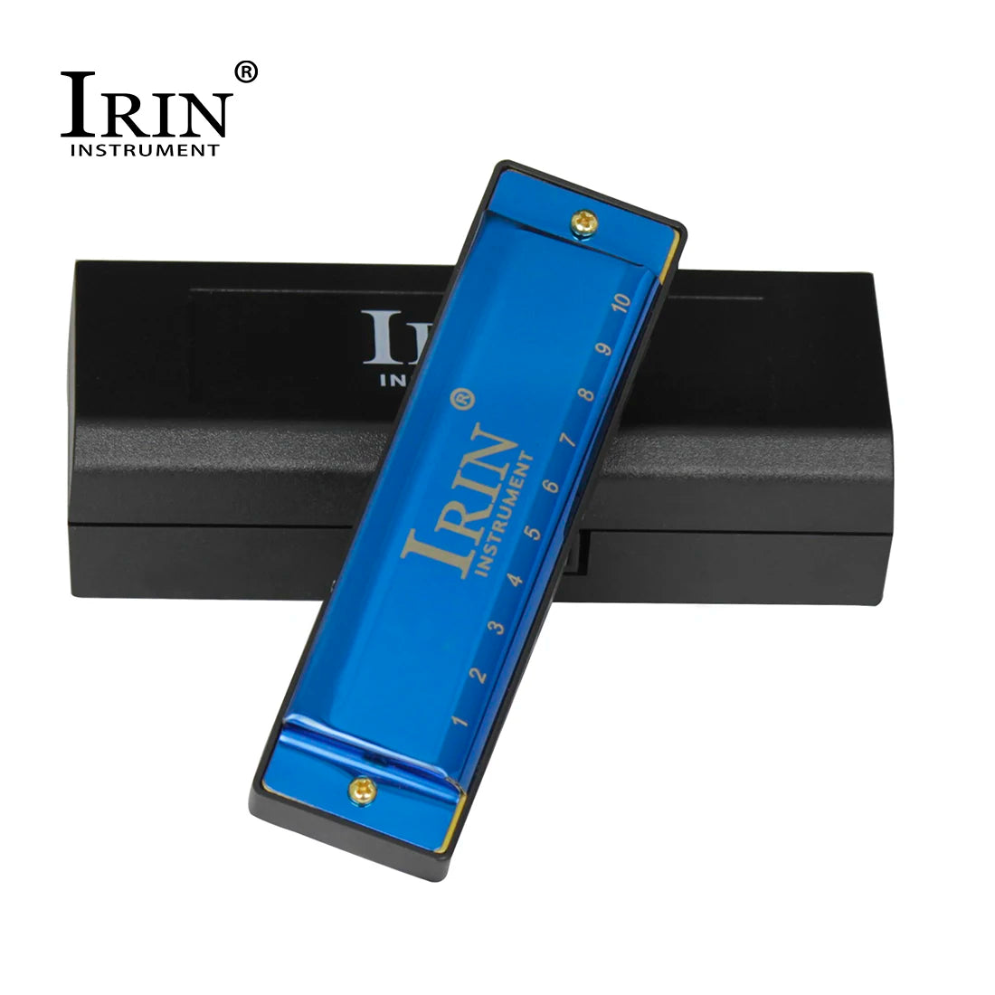 A blue harmonica is shown inside its protective case with the IRIN Instrument logo visible.