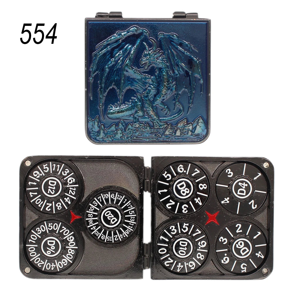 A set of five metal dice and a square box featuring a blue dragon design for tabletop role-playing games