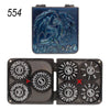 A set of five metal dice featuring a blue and silver dragon design, packaged in a black case.