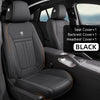 Black car seat covers including a seat cover, backrest cover, and headrest cover for universal fit front seats.