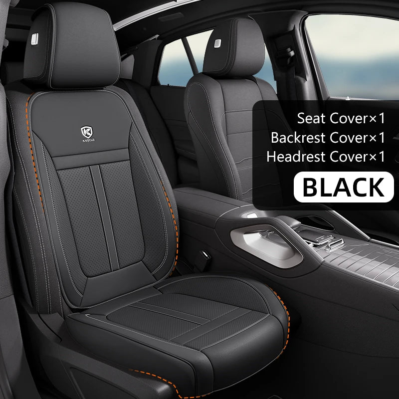 Black car seat covers including a seat cover, backrest cover, and headrest cover for universal fit front seats.