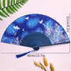 A blue and purple vintage lace folding hand fan with a durable handle displayed on a light background.