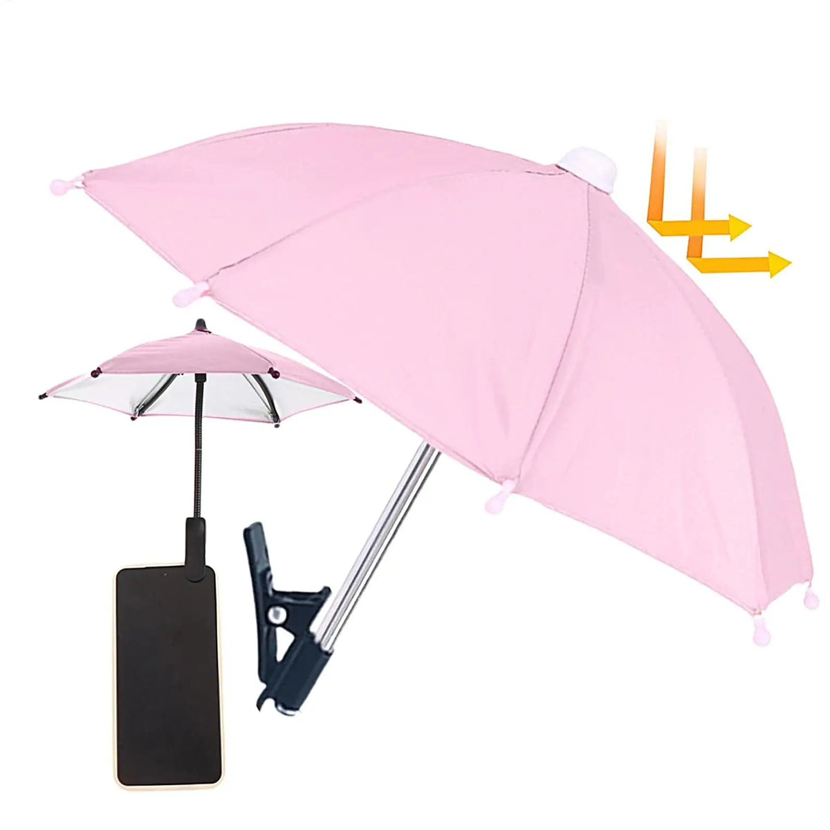 Pinker Clip-on-Handy-Sonnenschutzschirm und ein kleiner, separater pinker Regenschirm sind zu sehen.