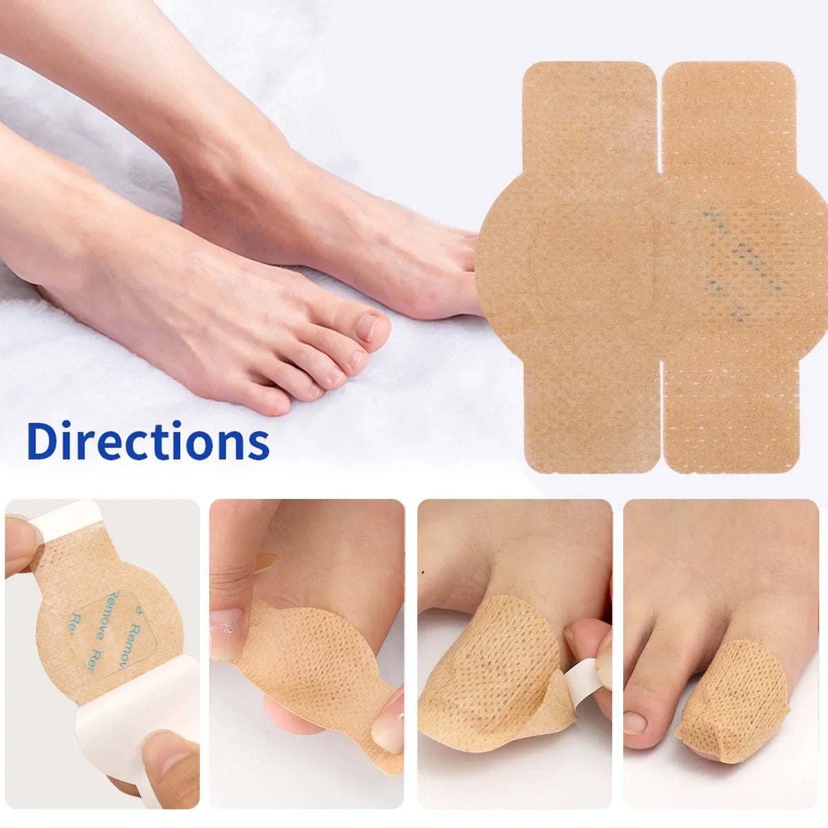 Instructions showing how to apply nail repair patches for fungus and ingrown toenails on the foot.