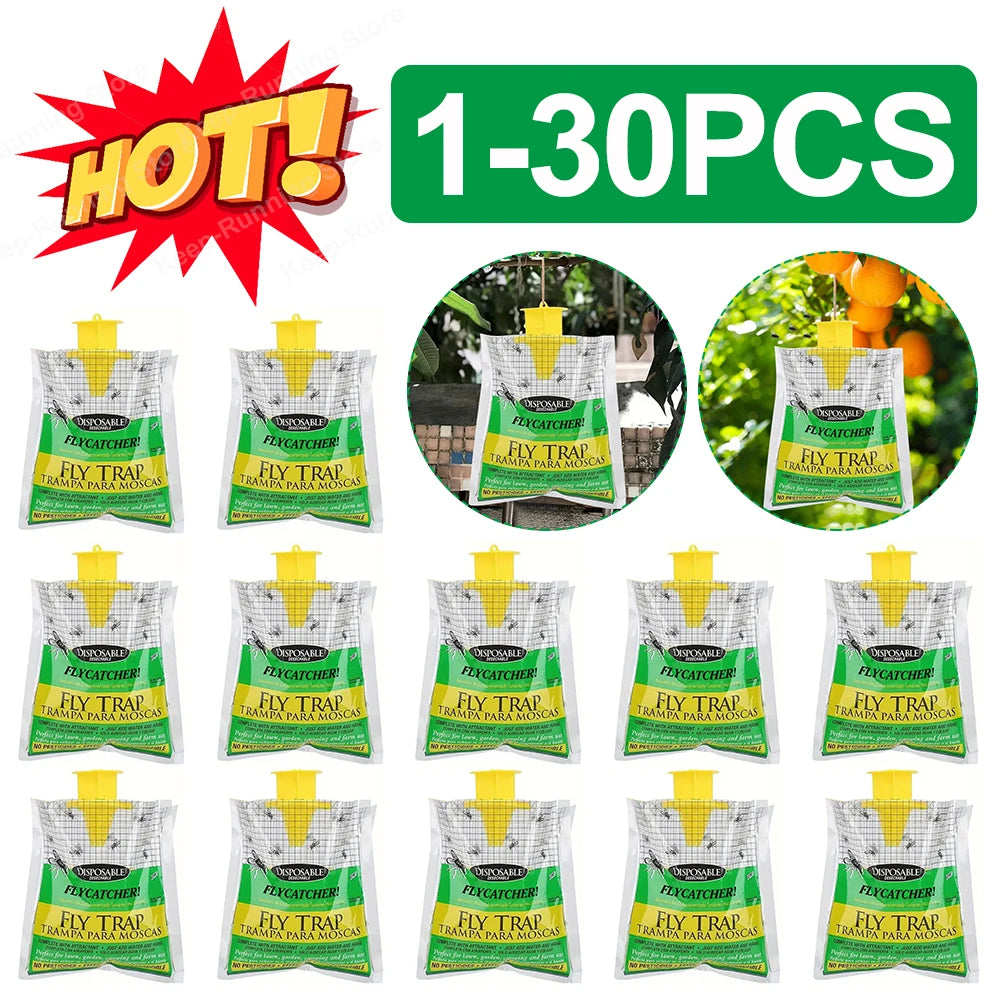 A set of 1 to 30 disposable hanging fly trap bags with bait for outdoor insect catching
