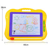 A yellow magnetic drawing board with a purple surface and an attached green pencil for kids