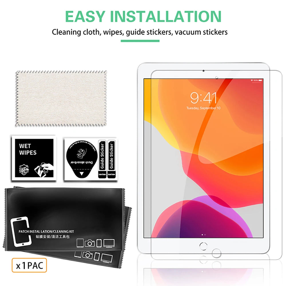 A kit for installing cleaning cloth, wipes, guide stickers, and vacuum stickers on a tempered glass screen protector.