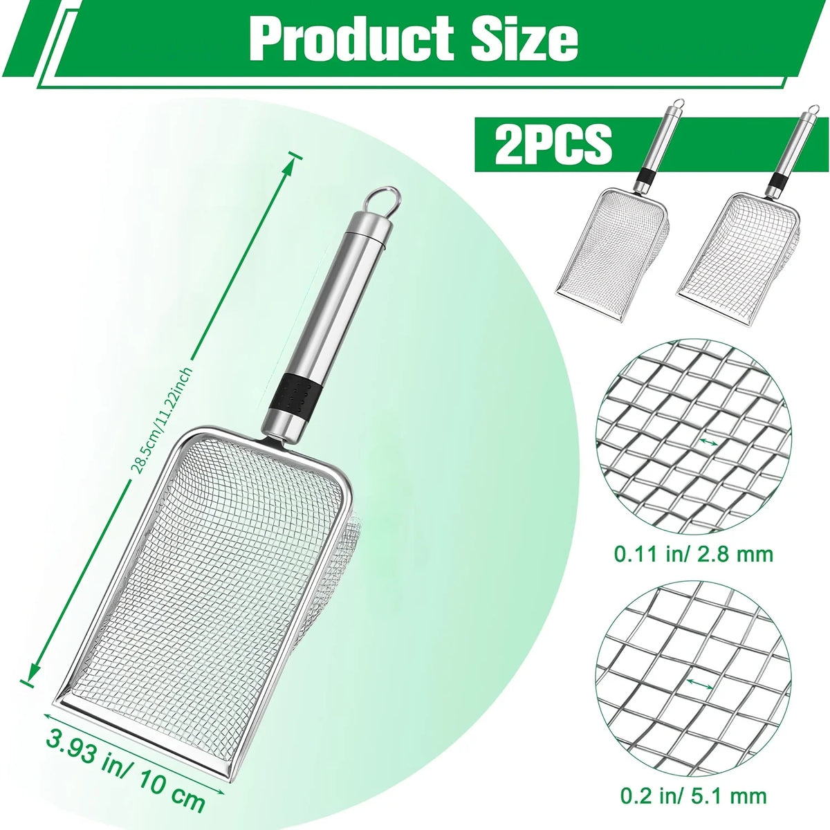 Two stainless steel mesh sieves with handles, showing various sizes and mesh patterns.