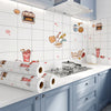 A kitchen wall decorated with self-adhesive marble contact paper featuring food and cooking icons.