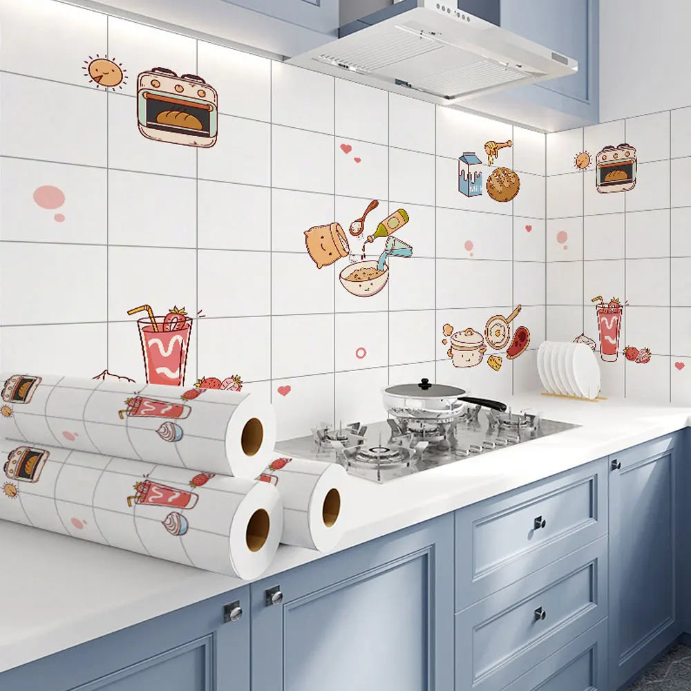 A kitchen wall decorated with self-adhesive marble contact paper featuring food and cooking icons.