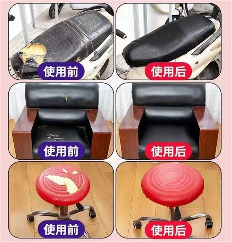 Before and after images showing the use of self-adhesive leather repair patches on furniture, car seats, and bags.