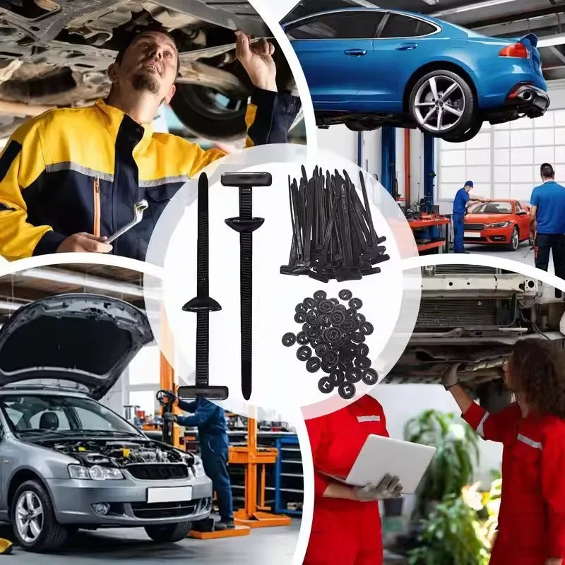 A person is working on a car, surrounded by tools and parts for self-locking nylon cable tie buckles.