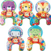 A set of high contrast tummy time pillows featuring various animal faces like a lion, bear, fox, and frog for babies.