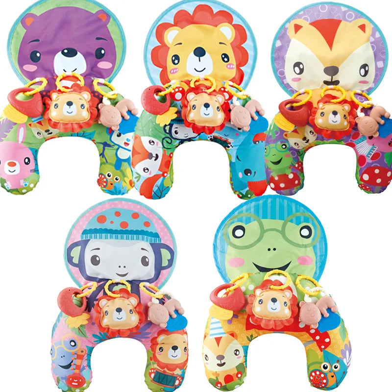 A set of high contrast tummy time pillows featuring various animal faces like a lion, bear, fox, and frog for babies.