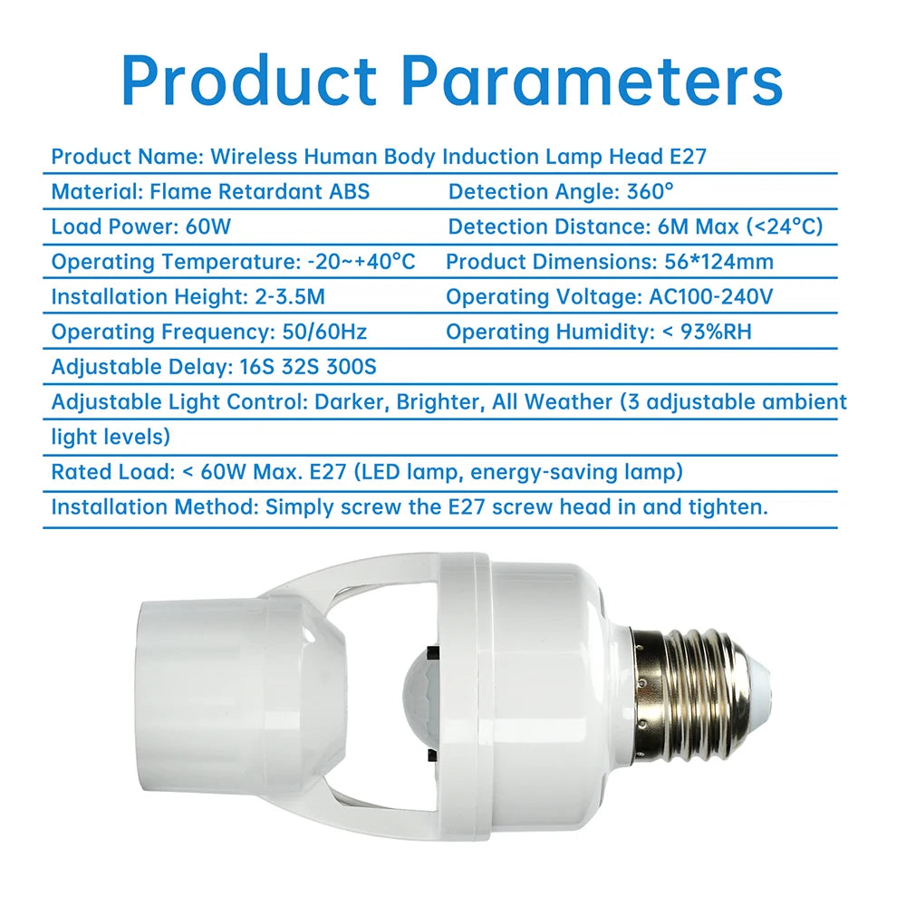 A white E27 lamp holder with a flexible arm and screw threads is shown for a wireless human body induction lamp.