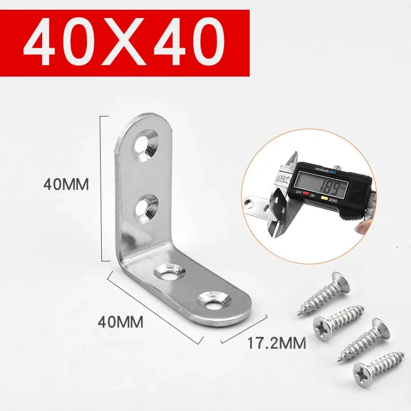 Stainless steel 90-degree angle bracket and screws shown with dimensions