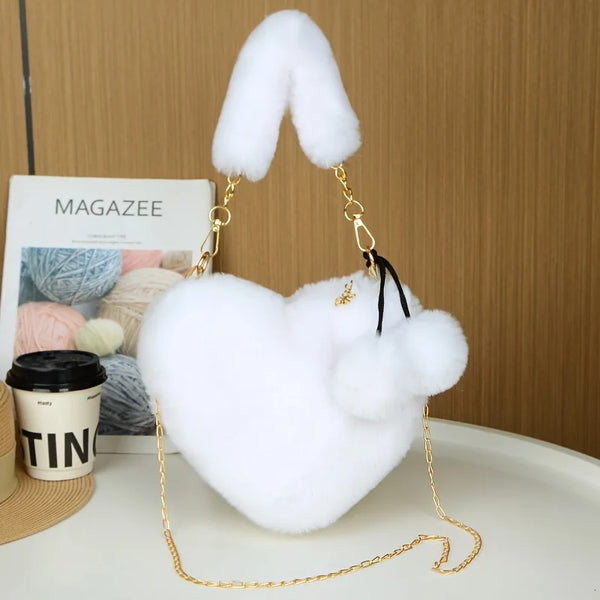 Faux Fur Heart Purse with Chain Strap