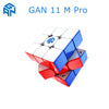 A close-up view of a GAN 11 M Pro magnetic speed cube in various colors and angles.