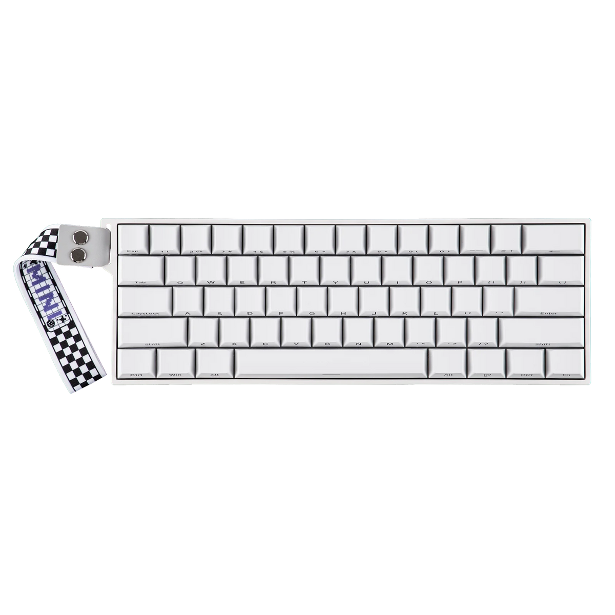 A white mini keyboard with a black and white patterned wrist strap is shown against a black background.