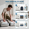 A person is shown using space-saving vacuum storage bags with a pump, demonstrating three custom sizes for luggage.