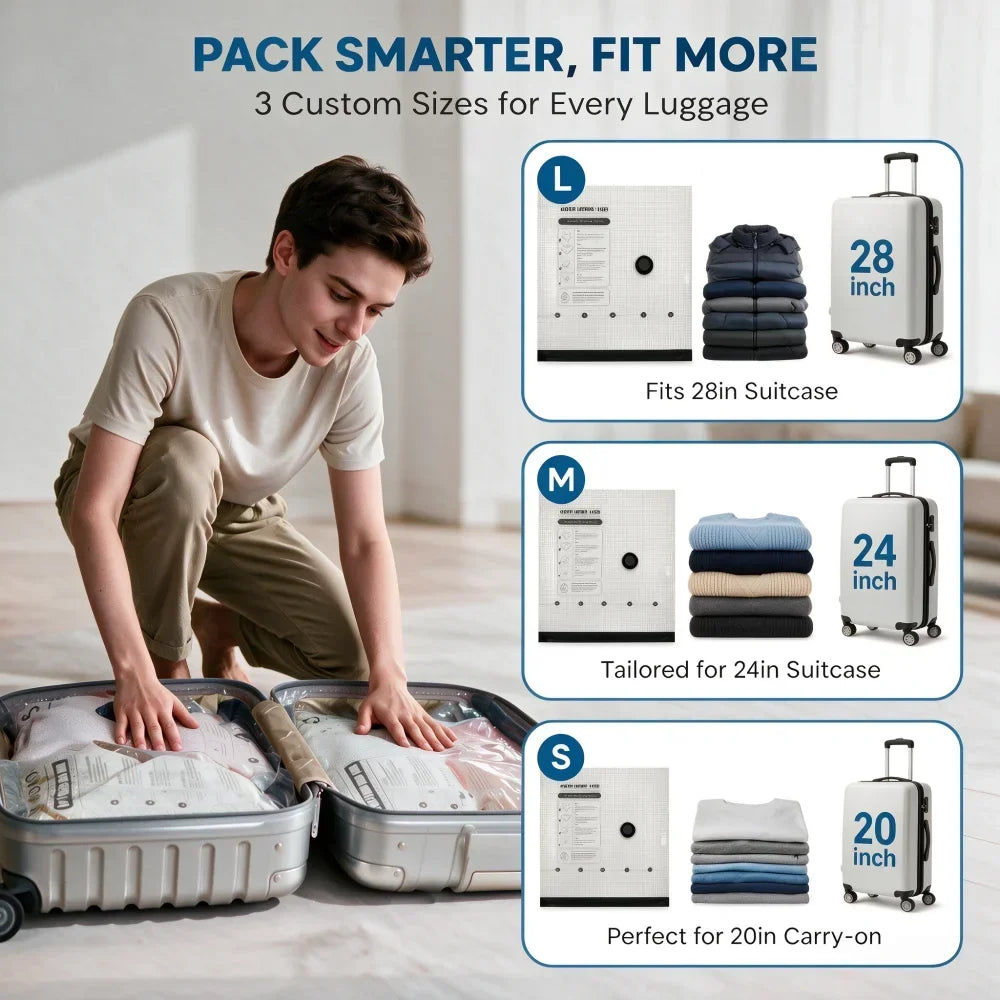 A person is shown using space-saving vacuum storage bags with a pump, demonstrating three custom sizes for luggage.