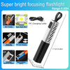 A black and white rechargeable LED flashlight with a focus and concentrate feature, showing various accessories and specifica