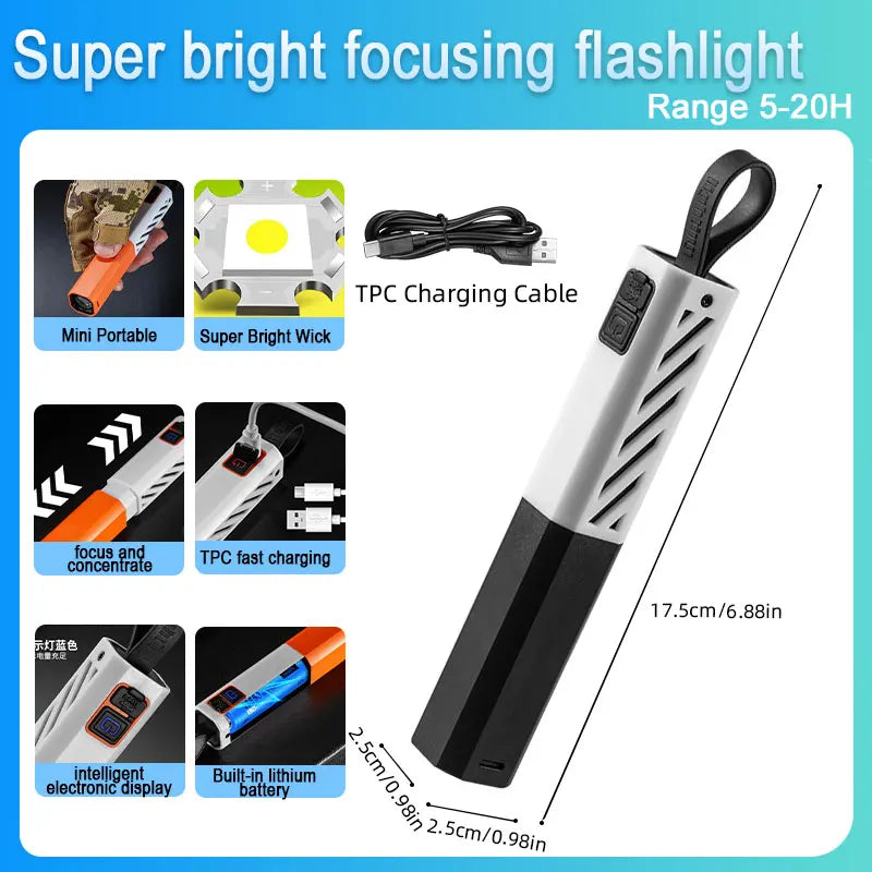 A black and white rechargeable LED flashlight with a focus and concentrate feature, showing various accessories and specifica