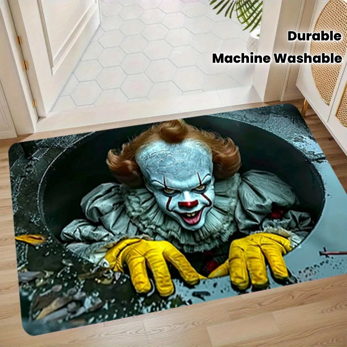A durable machine washable door mat featuring a graphic of the Joker character from The Dark Knight.