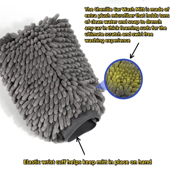 Graue Chenille-Autowaschhilfe mit elastischem Handgelenk, die ihre flauschigen Fasern hervorhebt.