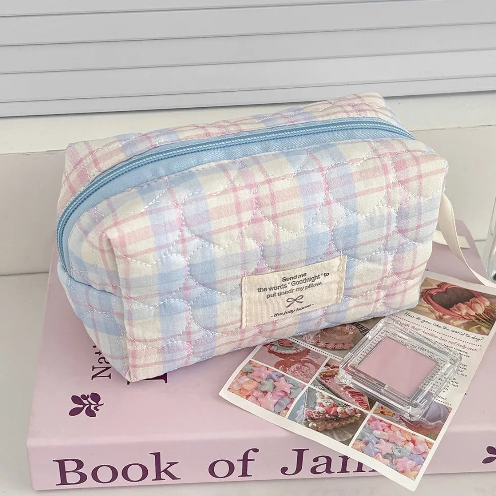 Pink Bow Plaid Quilted Cosmetic Bag with Multiple Compartments
