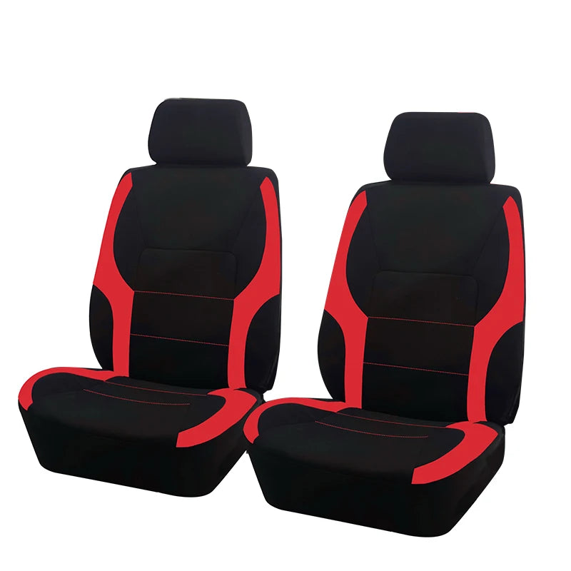 A pair of black and red two-tone car seat covers shown side by side.